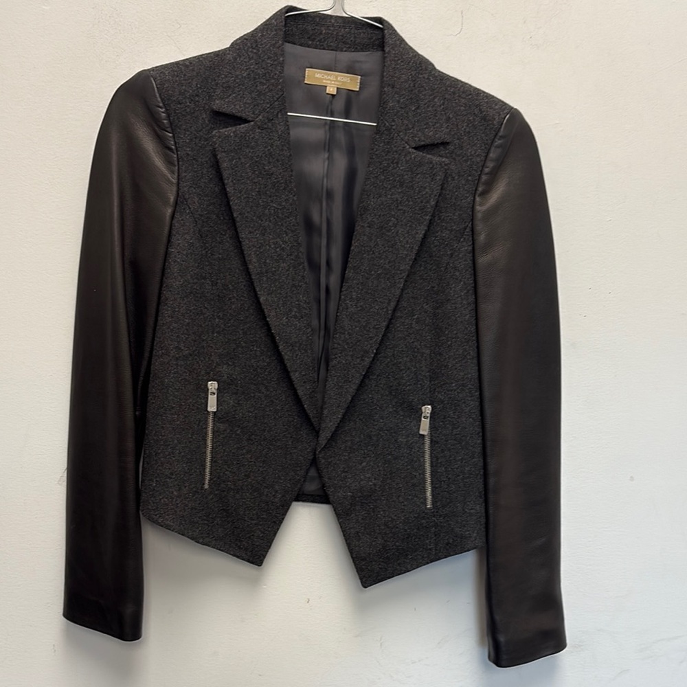Michael Kors Black and Gray Leather / wool Blazer